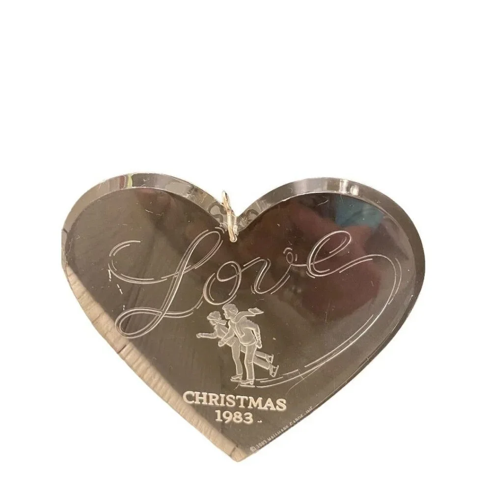 Clear Acrylic Christmas 1983 Ornament Love Ice Skaters Heart Shape 3 3/4